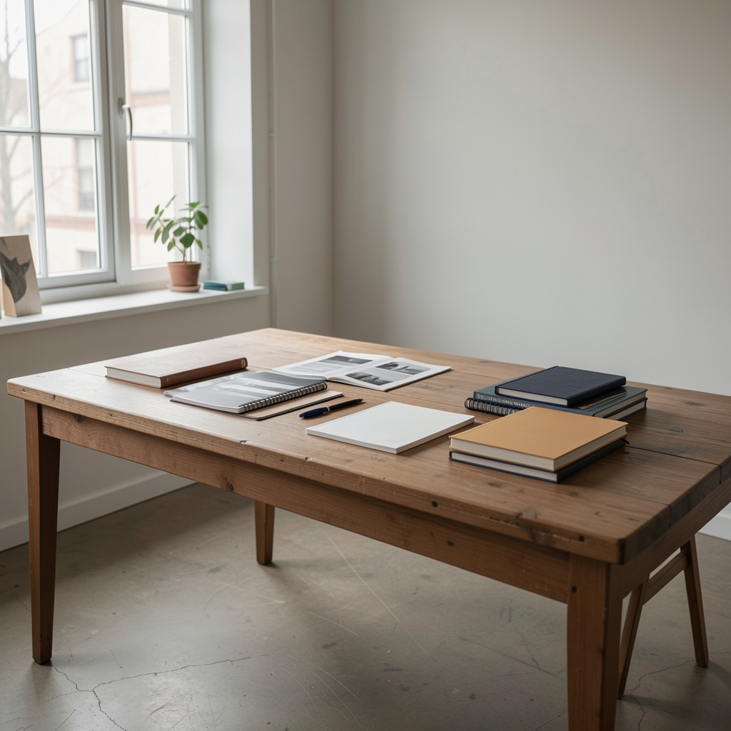 Editorial workspace with notebooks, seasonal vegetables, and a pen on a pale linen surface