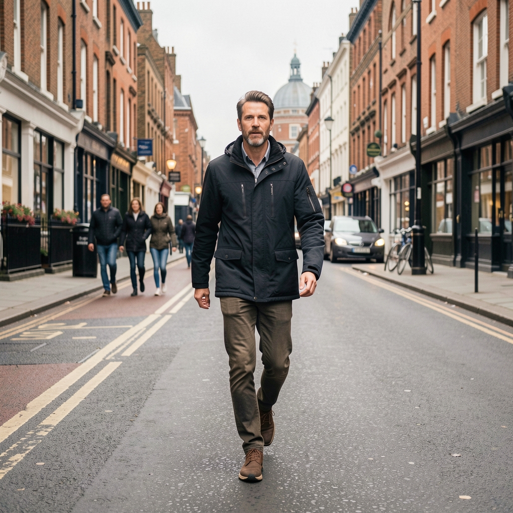 Active morning walk along a London street, figure in motion, overcast daylight, candid editorial